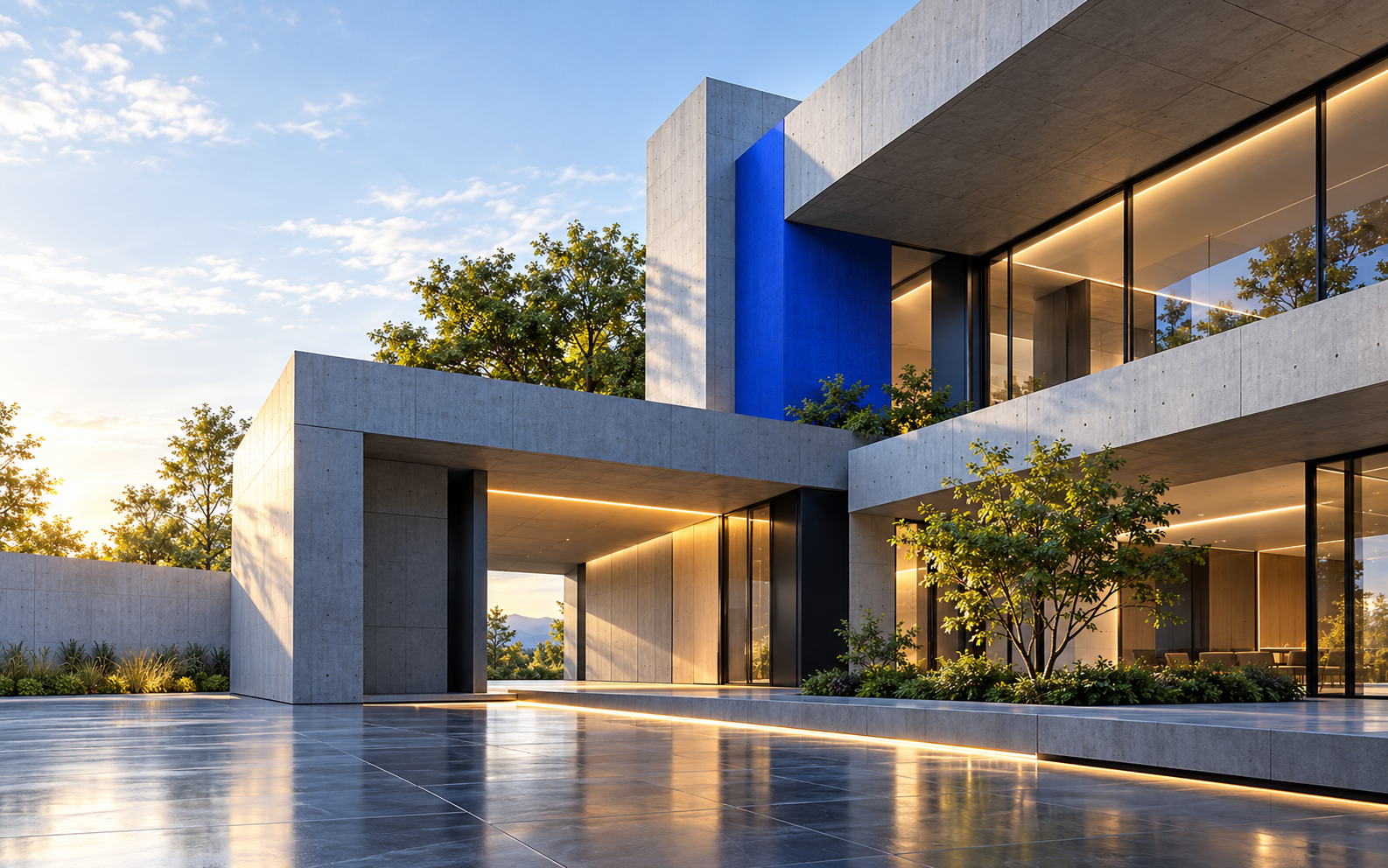 Architectural concept of a modern connected space with a cobalt blue accent